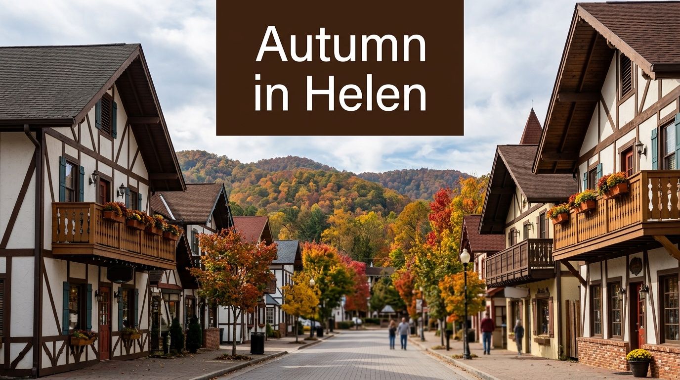 A picturesque street in the Bavarian-style town of Helen, Georgia, featuring vibrant fall foliage and timber-framed buildings.