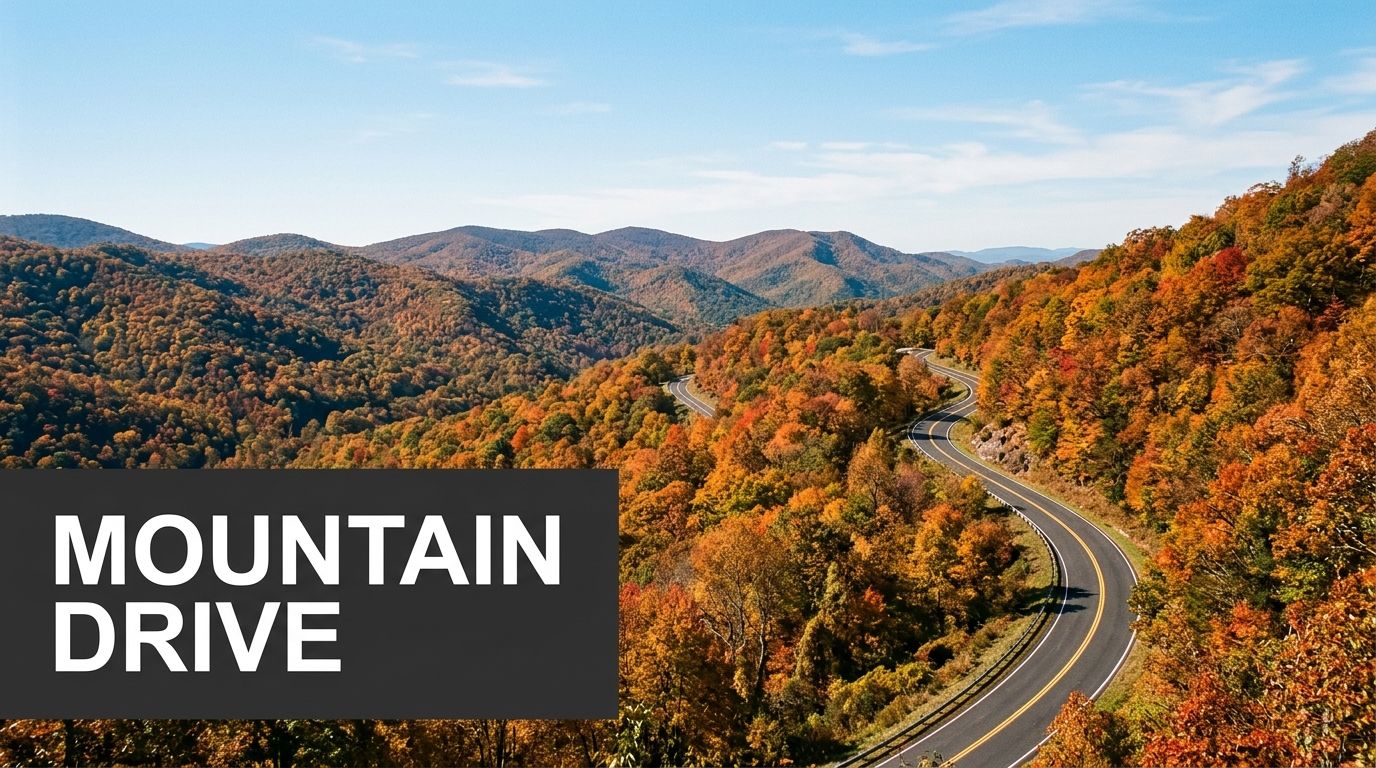 A scenic winding road through a lush mountain landscape covered in beautiful autumn fall foliage colors.