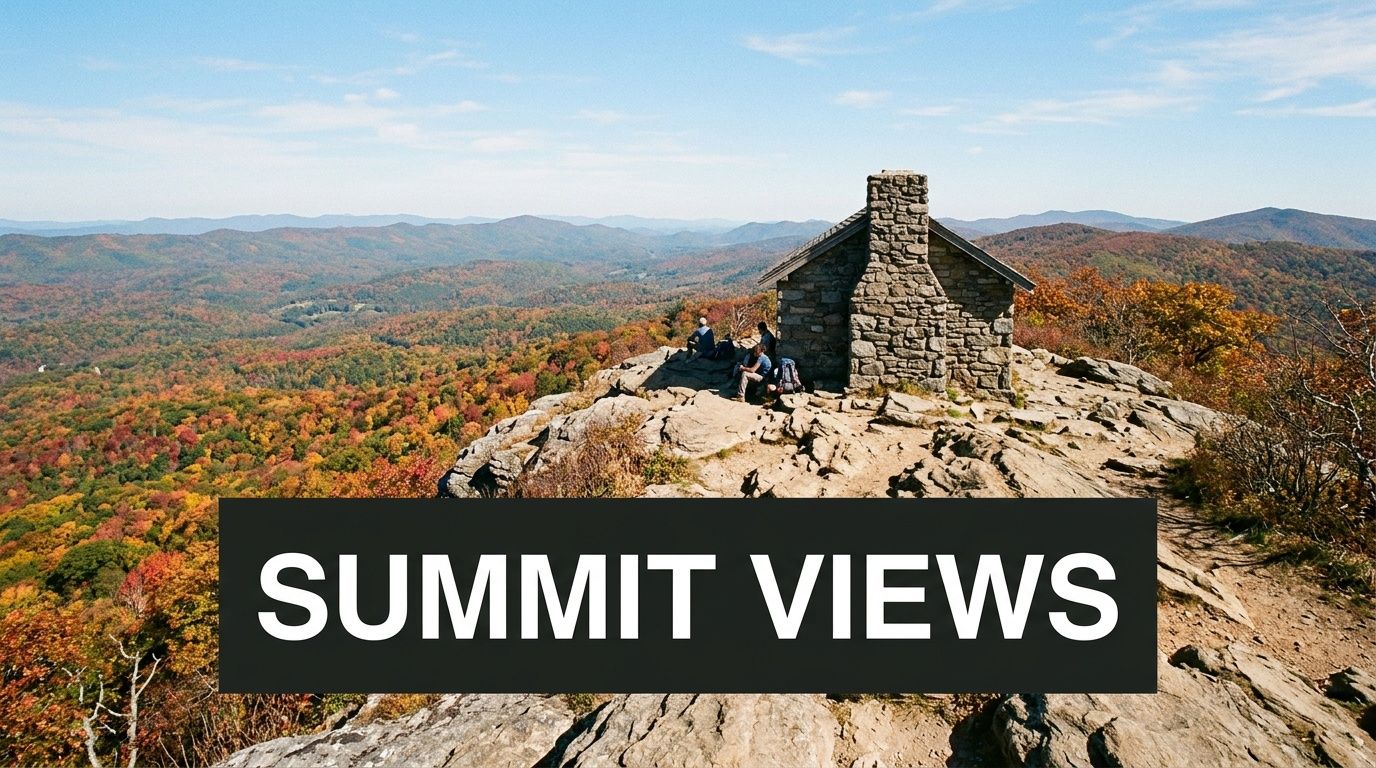 A scenic view of a stone cabin atop a mountain summit during a vibrant autumn season.