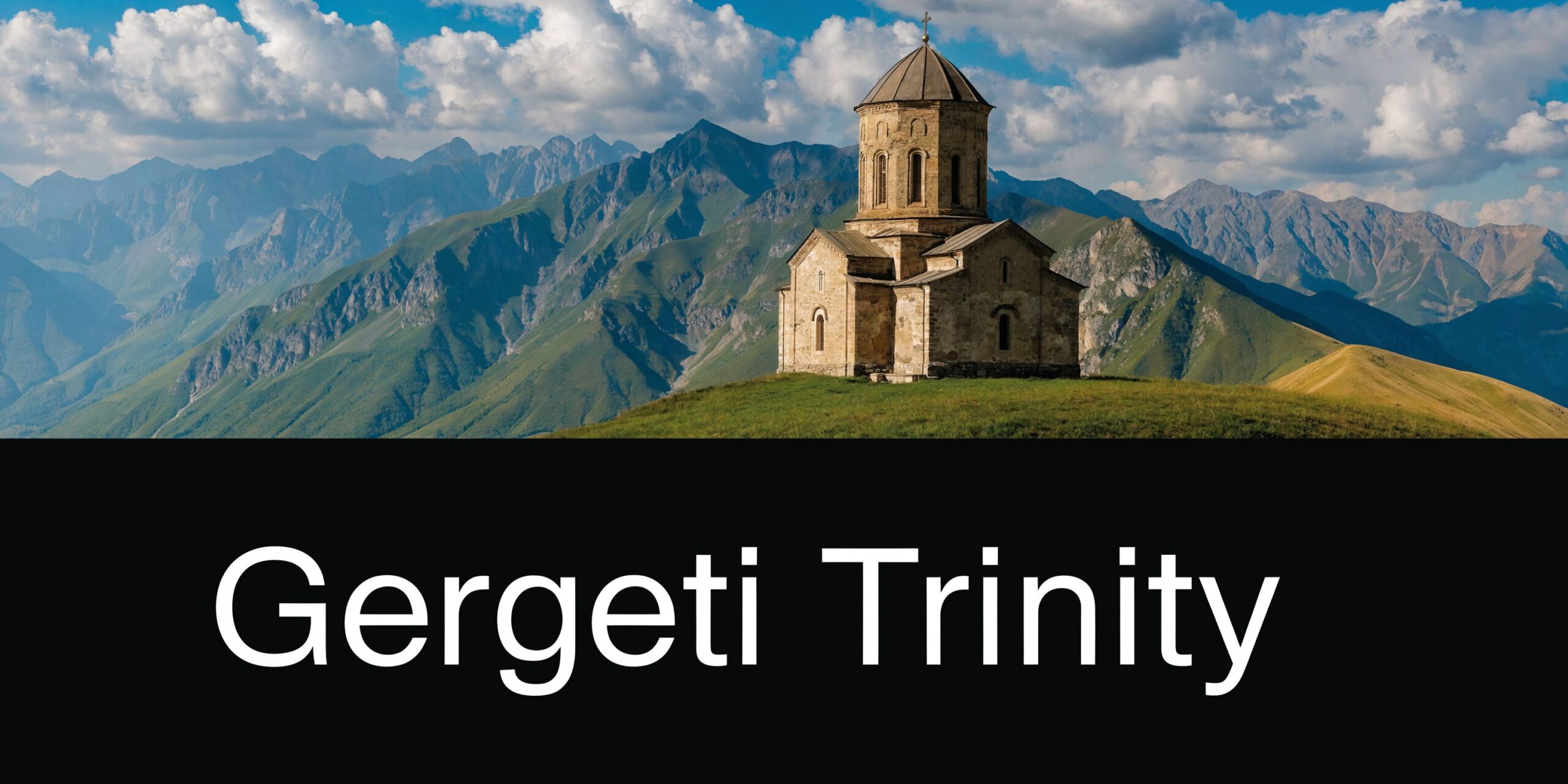 The ancient Gergeti Trinity Church stands prominently atop a grassy hill against a backdrop of majestic Caucasus mountains.