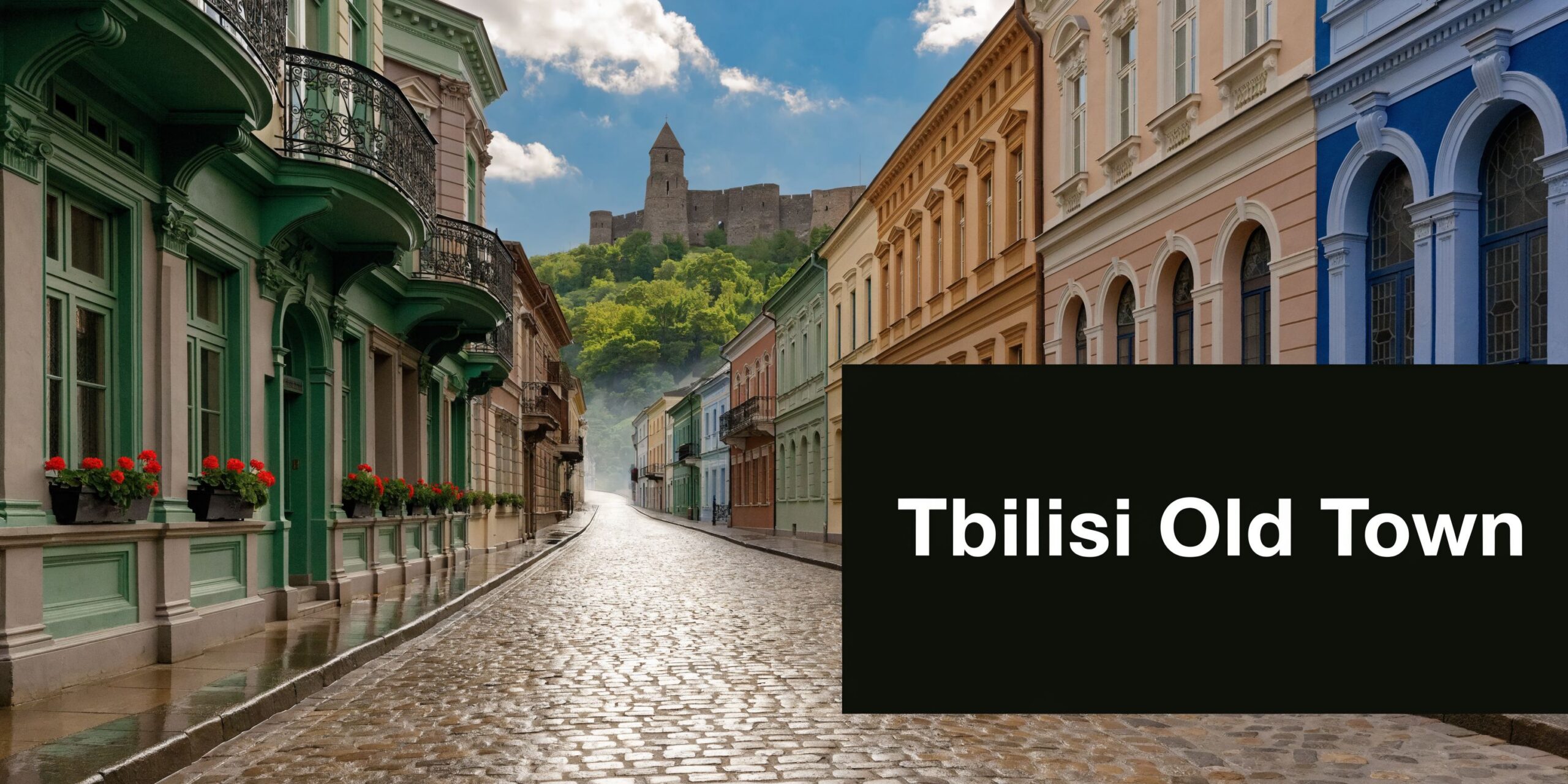 A scenic cobblestone street in Tbilisi Old Town featuring colorful historic buildings and a hilltop fortress.