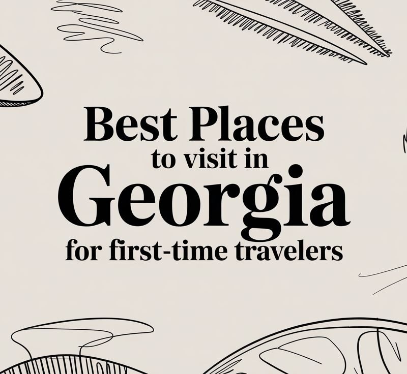 Best places to visit in Georgia for first-time travelers, travel guide, illustrated design elements.