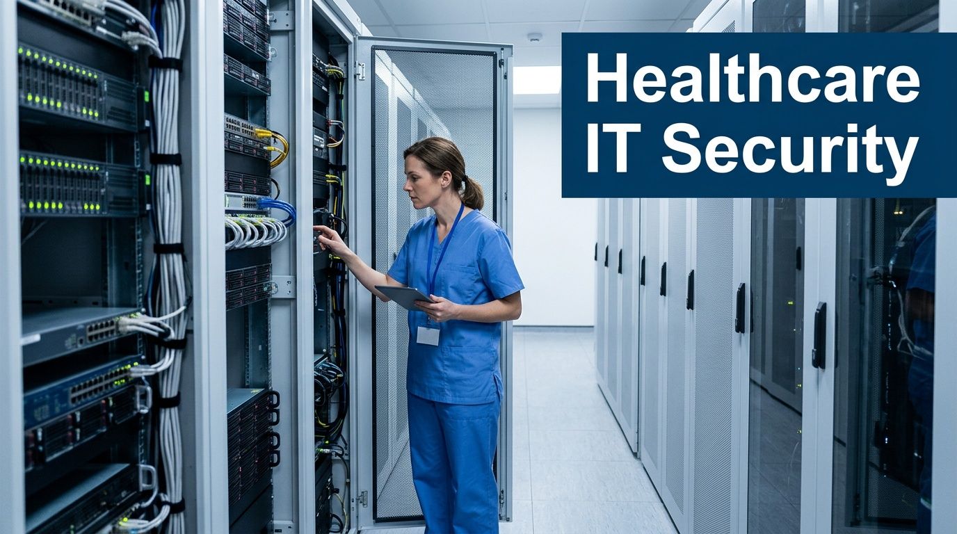 A healthcare professional in blue scrubs working with server equipment inside a secure data center room.