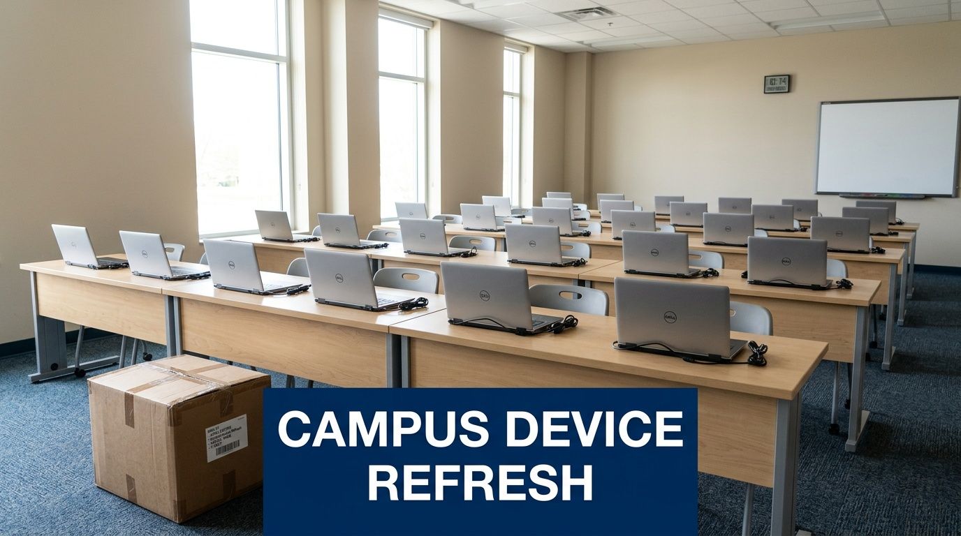 A classroom featuring rows of wooden desks with new Dell laptops arranged for a campus device refresh.