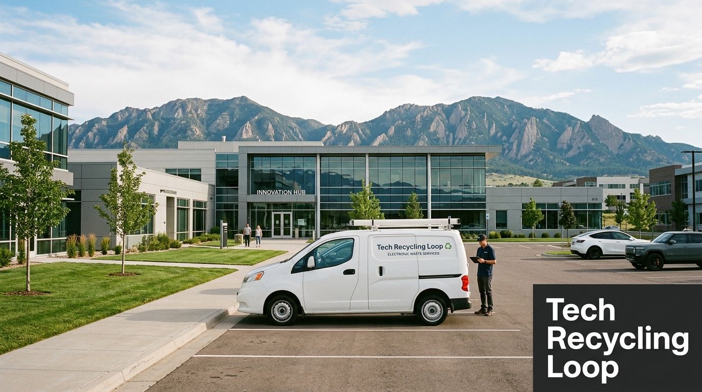 A Tech Recycling Loop van parked outside an office innovation hub building with mountain views.