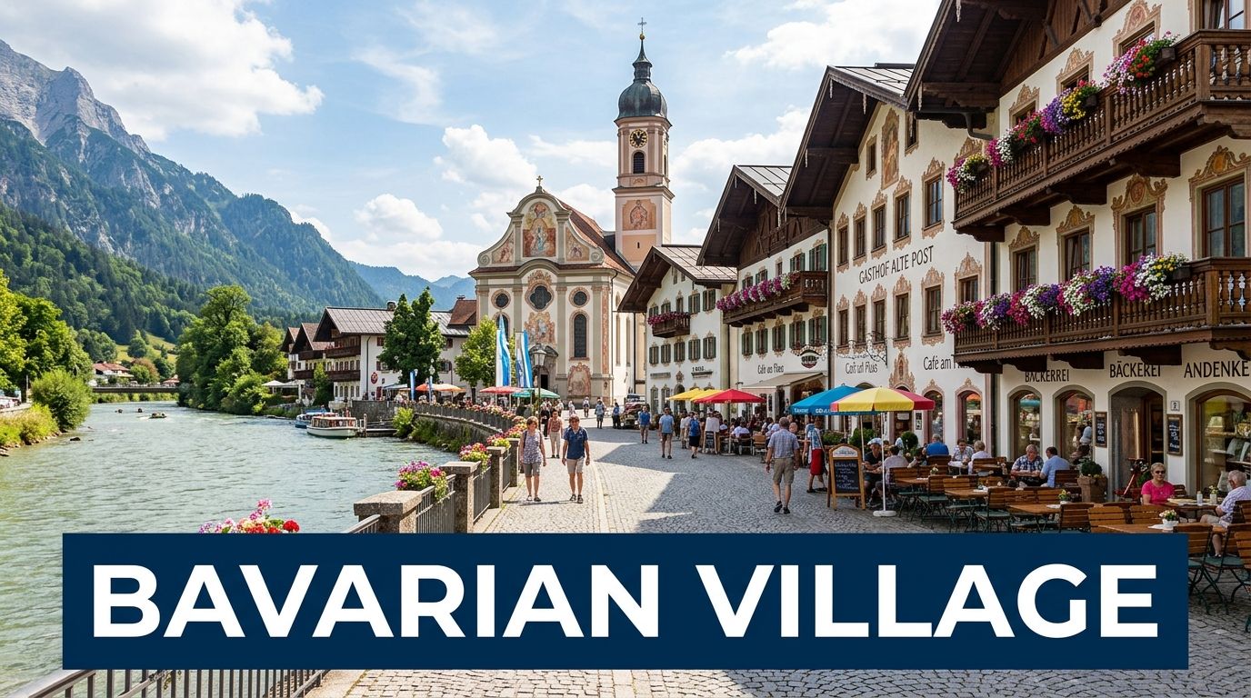 A picturesque Bavarian village with a traditional church and riverside cafe tables along a cobblestone path.