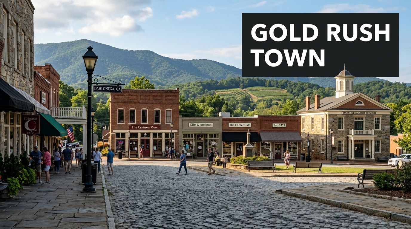 A scenic view of a historic downtown street in Dahlonega, Georgia with mountains in the background.