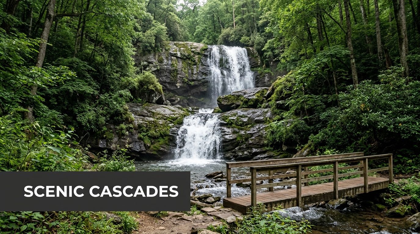 A stunning tiered waterfall cascading down mossy rocks into a stream with a wooden footbridge nearby.