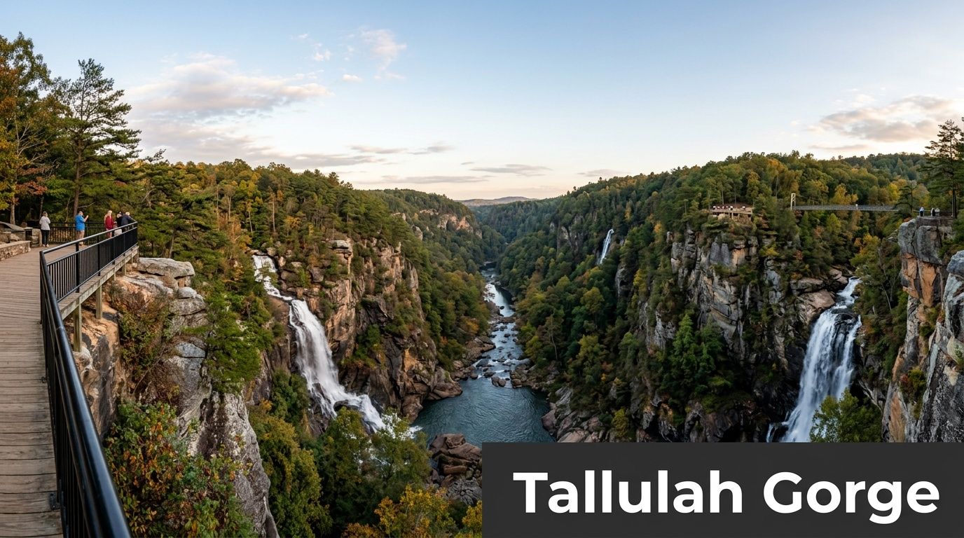 Panoramic view of waterfalls cascading down the steep rocky cliffs at Tallulah Gorge in North Georgia.