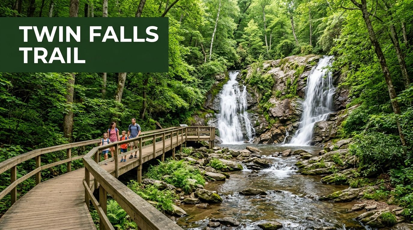 A family hiking on a wooden boardwalk trail in front of the scenic Twin Falls waterfall cascade.