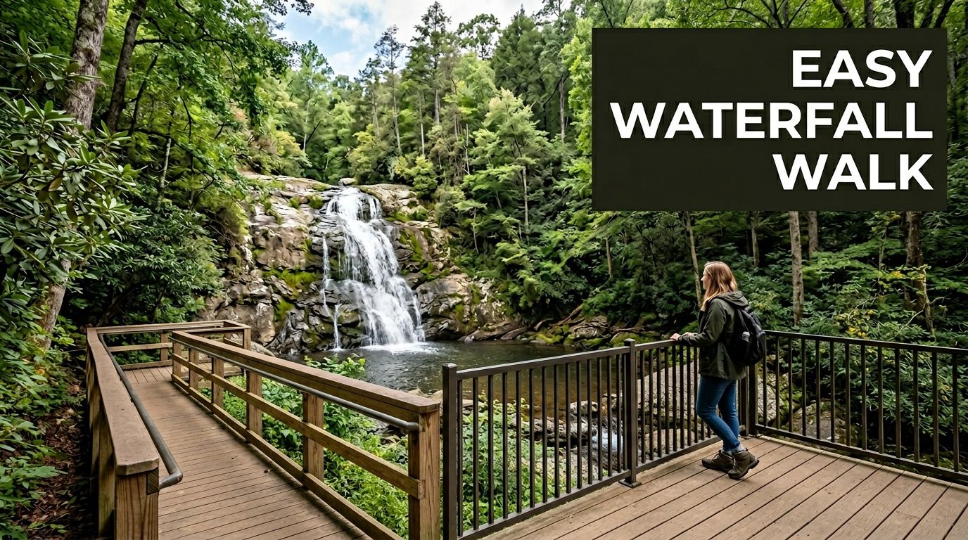 A woman stands on a wooden viewing platform looking at a scenic waterfall surrounded by lush forest.