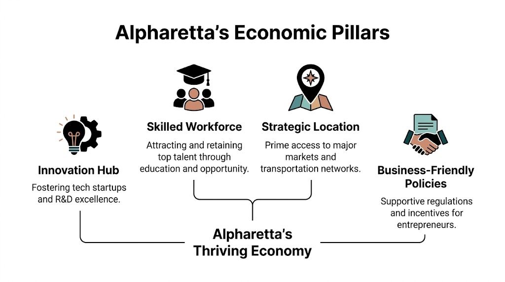 An infographic showing Alpharetta's economic pillars including innovation, skilled workforce, strategic location, and business-friendly policies.
