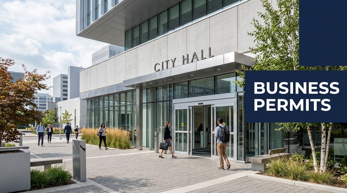 People walking towards the entrance of a modern City Hall building with a business permits sign.