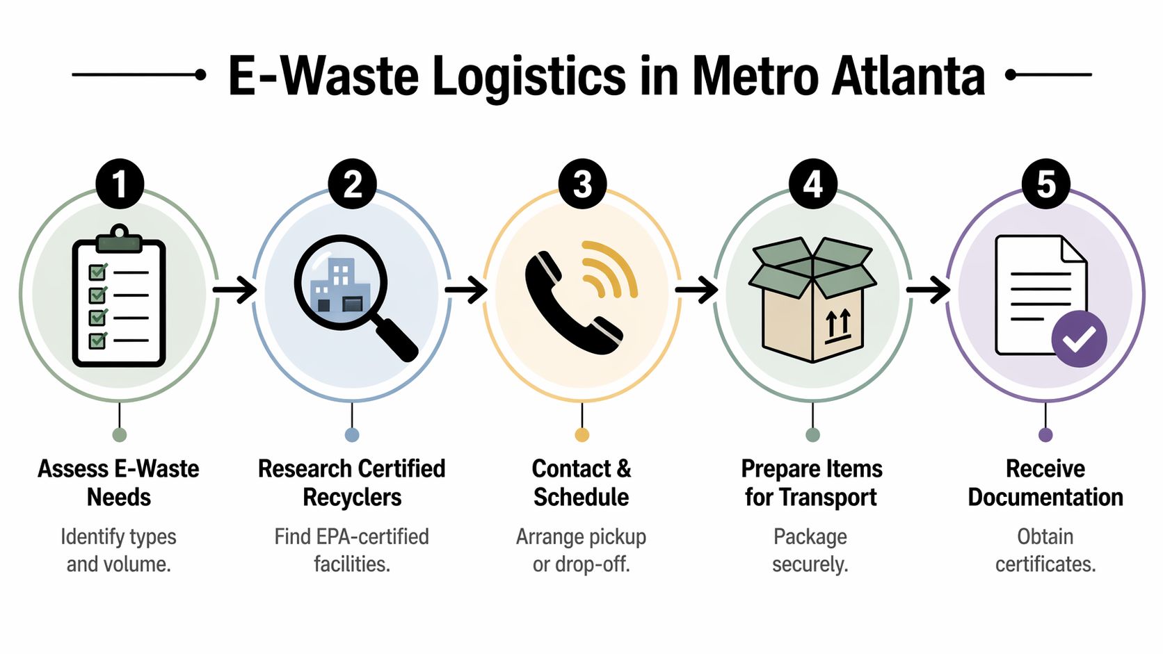A five-step infographic explaining the process for e-waste logistics and electronics recycling in Metro Atlanta.