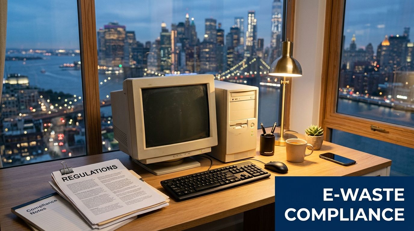 A vintage computer setup with paperwork on a desk overlooking a vibrant city skyline at night.