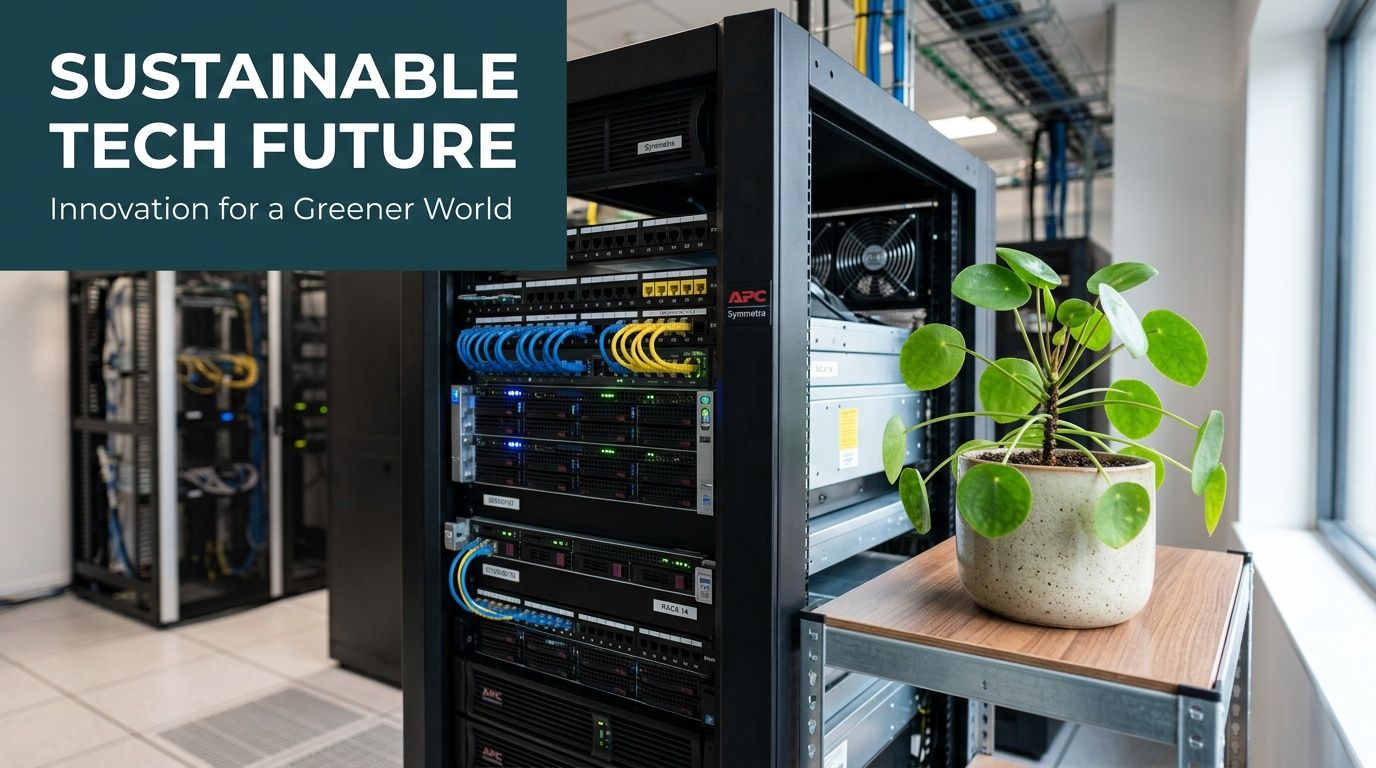 A server rack in a modern data center with a green plant placed beside it.