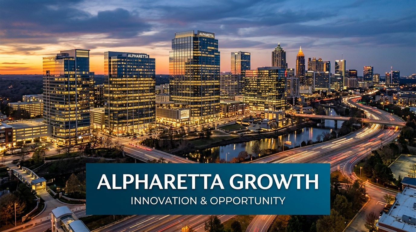 A scenic aerial view of the Alpharetta skyline at dusk with modern office buildings and traffic lights.