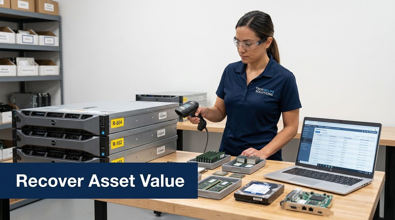 A woman in safety glasses scans IT servers and components, managing assets for data center decommissioning.