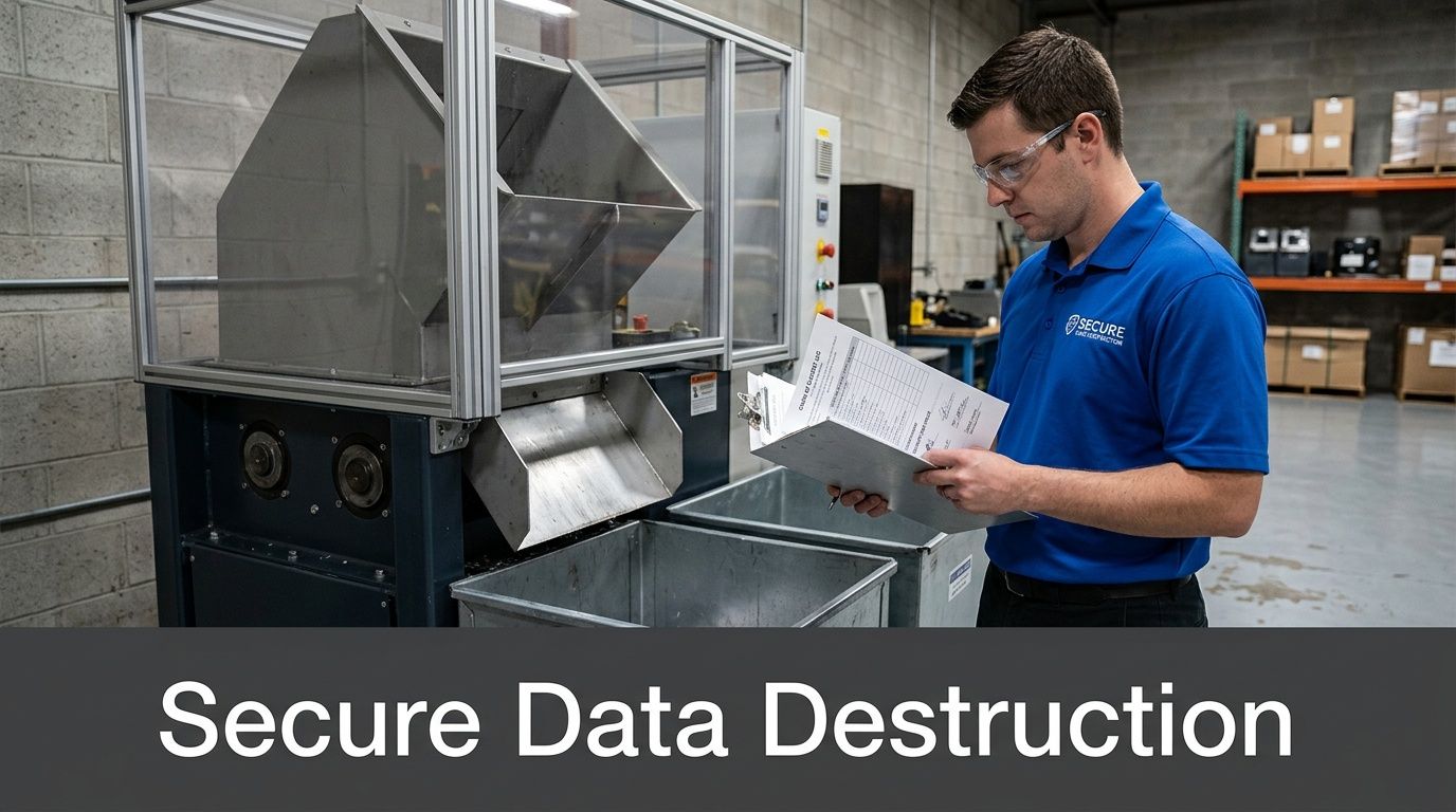 Technician in safety glasses inspecting a secure data destruction machine, reviewing documents.