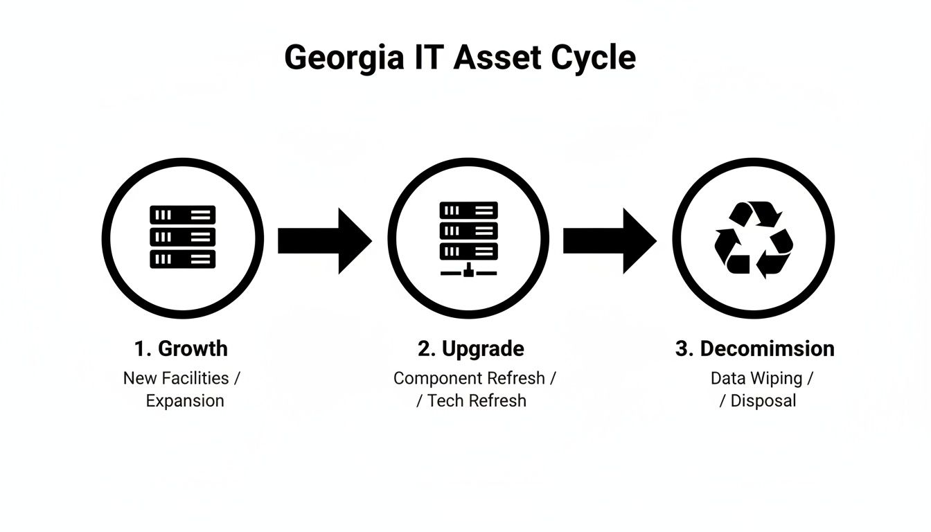 Diagram illustrating the Georgia IT asset cycle: growth, upgrade, and decommissioning of data center equipment.