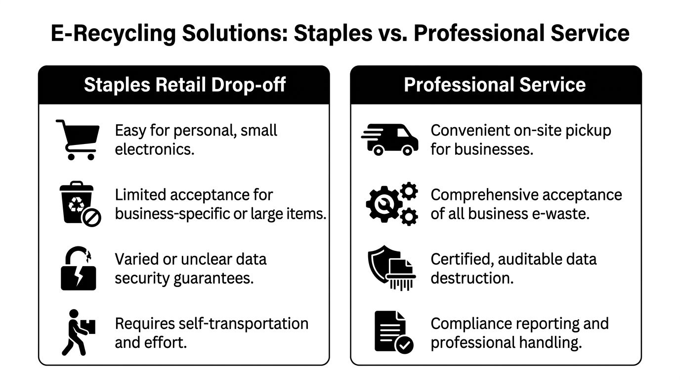 A comparison chart outlining the pros and cons of using Staples retail drop-off versus professional e-recycling services.