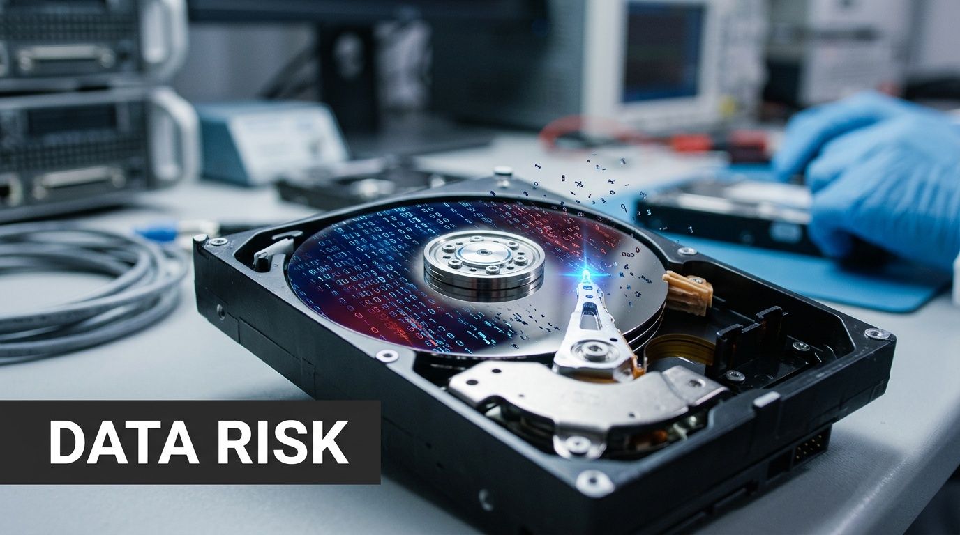 An open hard drive being repaired with digital binary code glowing on its magnetic disk surface.