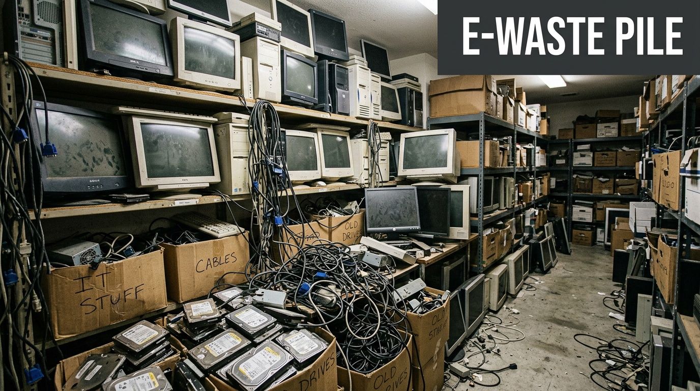 A storage room filled with piles of old CRT monitors, towers, hard drives, and tangled cables.