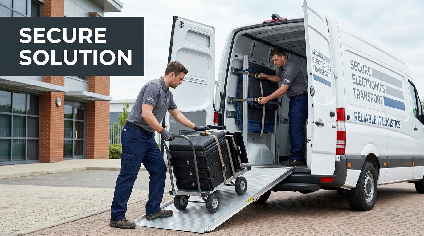 Two logistics workers loading sensitive electronic equipment into a secure white transport van using a ramp.