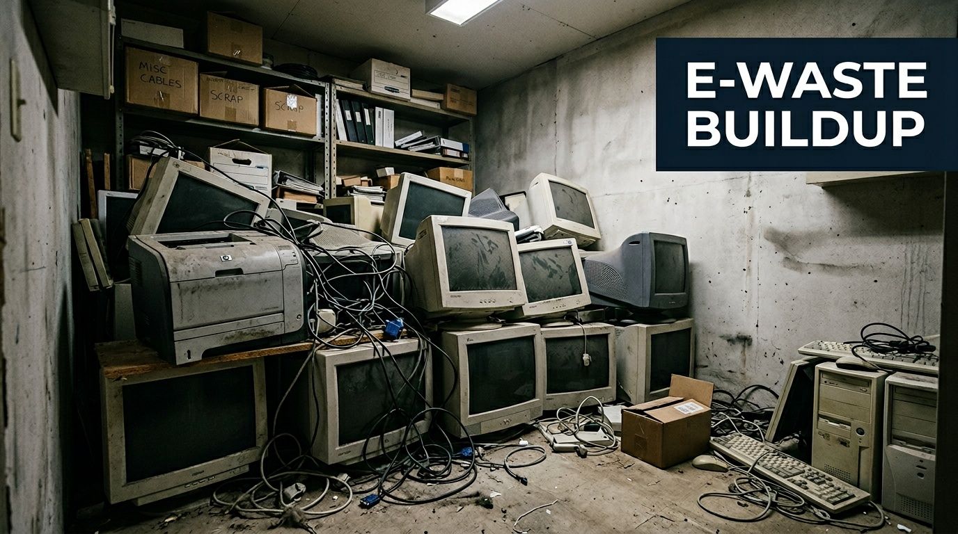 A storage room filled with old CRT computer monitors, keyboards, and printers representing significant electronic waste accumulation.
