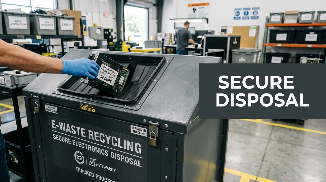 A person in blue gloves placing a circuit board into a secure electronic waste recycling bin.