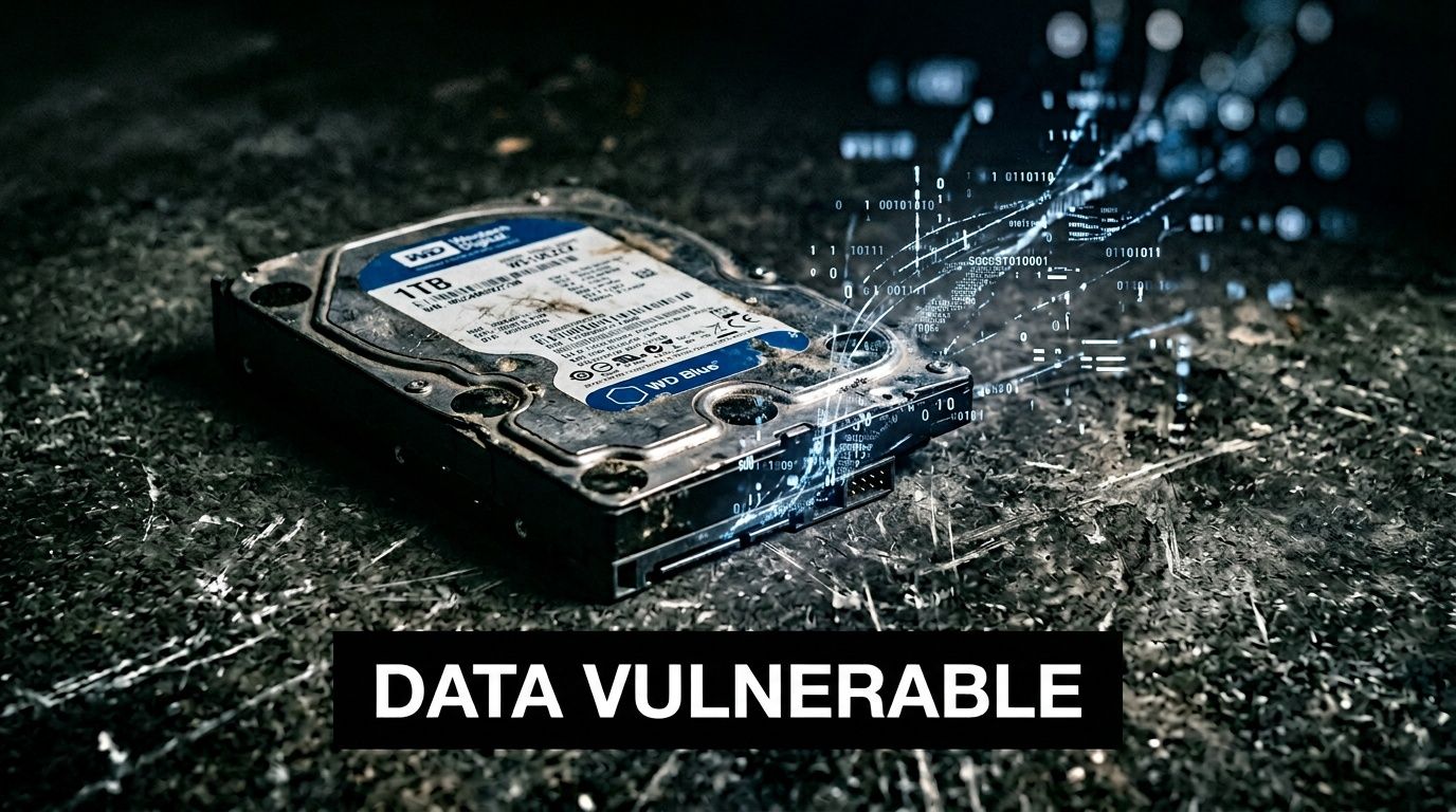 An old Western Digital hard drive sits on a dark textured surface with digital binary data streaming out.
