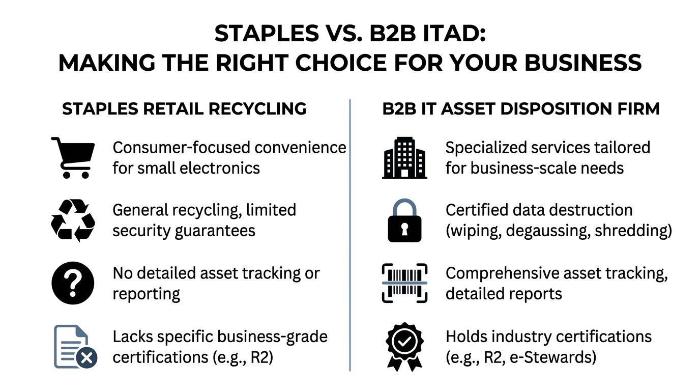 A comparison chart showing the differences between Staples retail recycling and professional B2B IT asset disposition services.