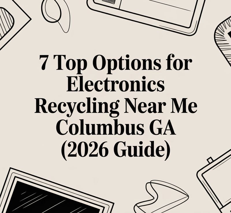 Electronics flatlay featuring various devices and the text "7 Top Options for Electronics Recycling Near Me Columbus GA (2026 Guide)" emphasizing local recycling options.