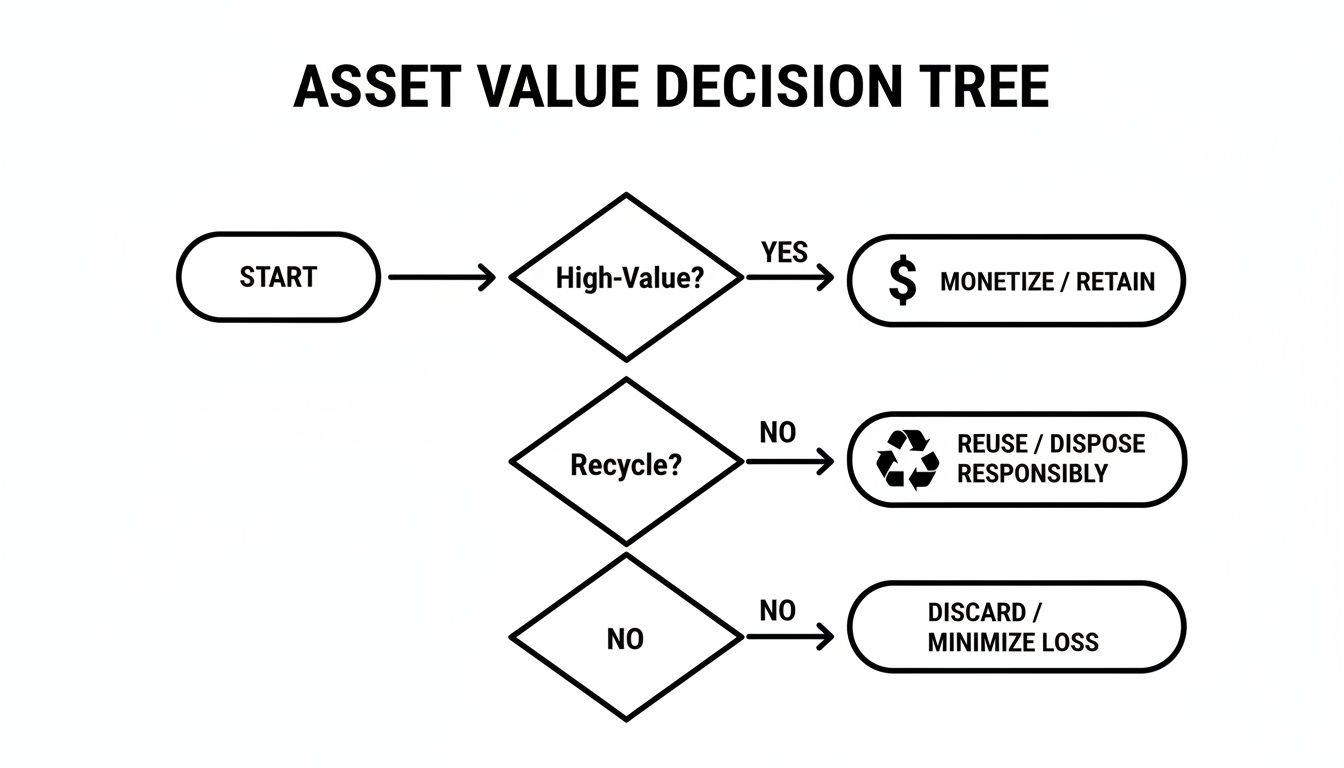 A decision tree flowchart for asset value management, covering monetization, recycling, reuse, and disposal.