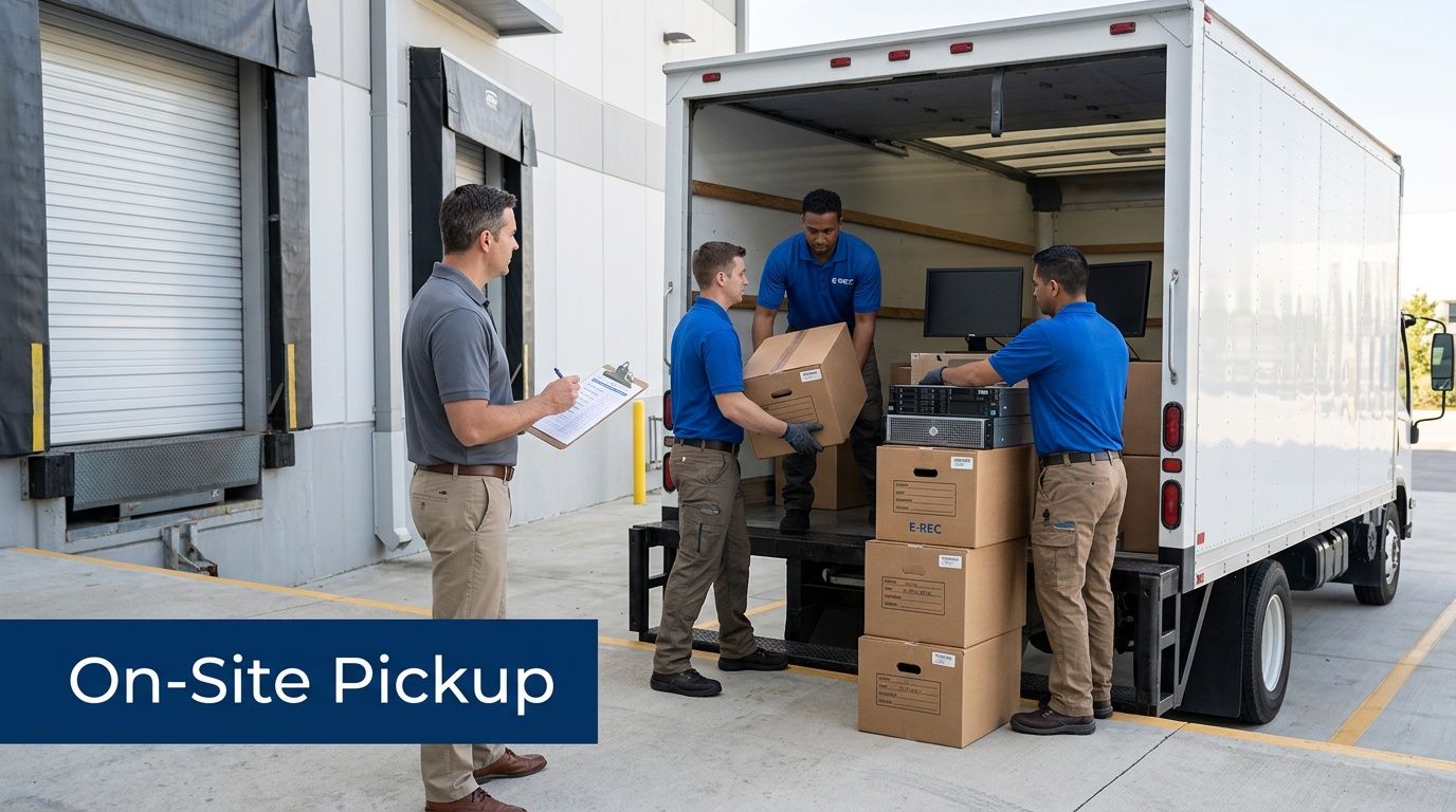Men loading electronic recycling boxes and IT equipment into a truck during an on-site pickup service.