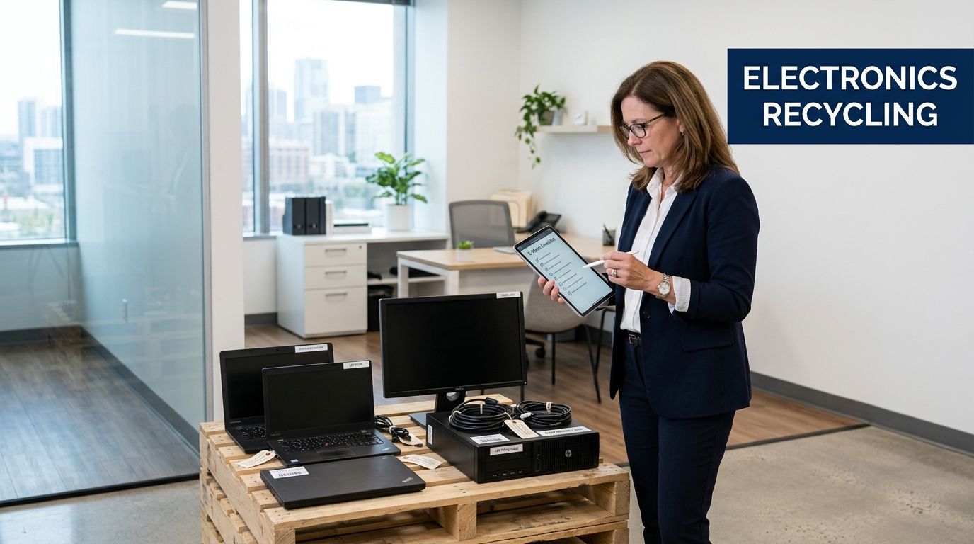 A woman in an office uses a tablet to inventory electronics on pallets for recycling.