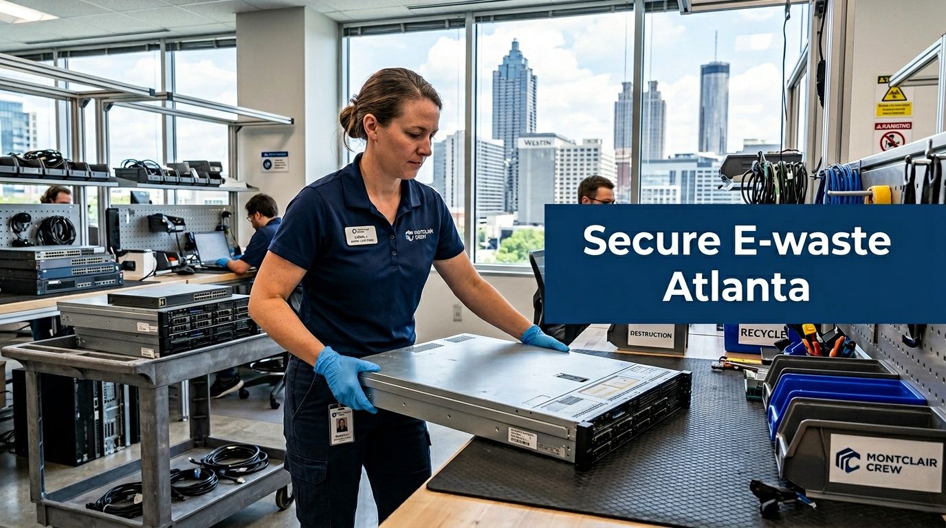 A professional technician carefully handling server hardware in a secure electronics recycling facility located in Atlanta.