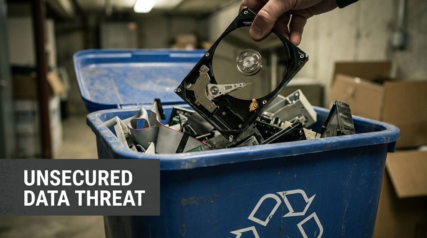 A hand holds an open hard drive over a blue recycling bin containing discarded computer hardware components.