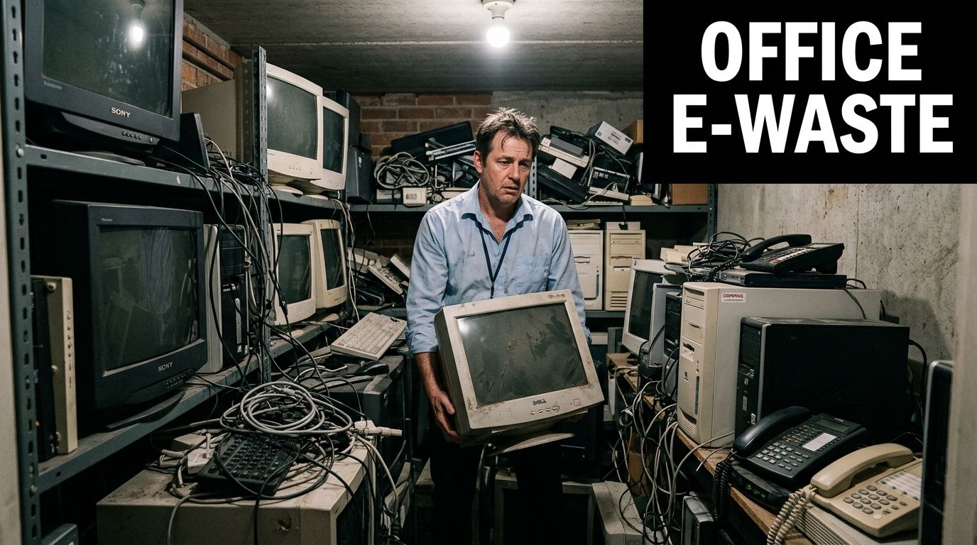 A man standing in a cluttered storage room surrounded by piles of discarded vintage office computer equipment.