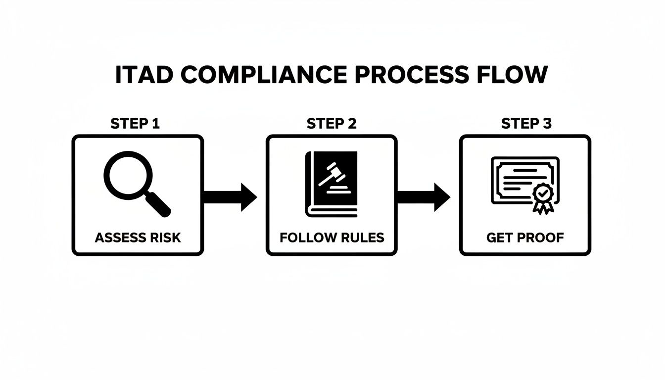 Flowchart showing the ITAD compliance process in three steps: Assess Risk, Follow Rules, and Get Proof.
