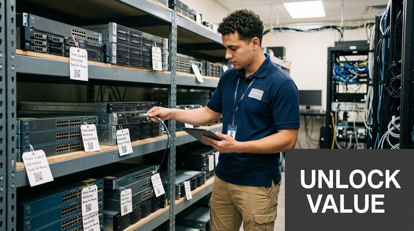 Man inspects refurbished IT equipment on shelves, connecting a cable while holding a tablet.