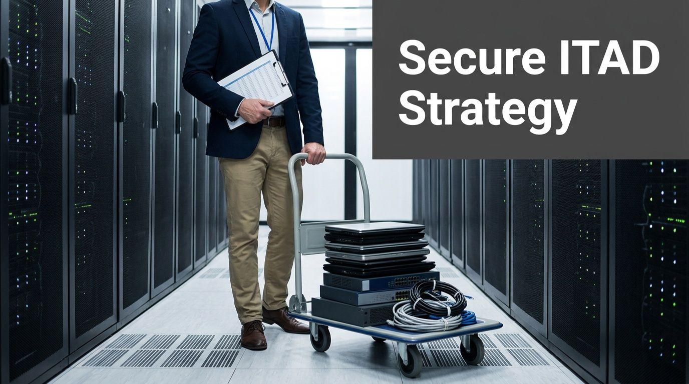 An IT professional moving decommissioned laptops and network gear on a cart in a server room, representing a secure ITAD strategy.
