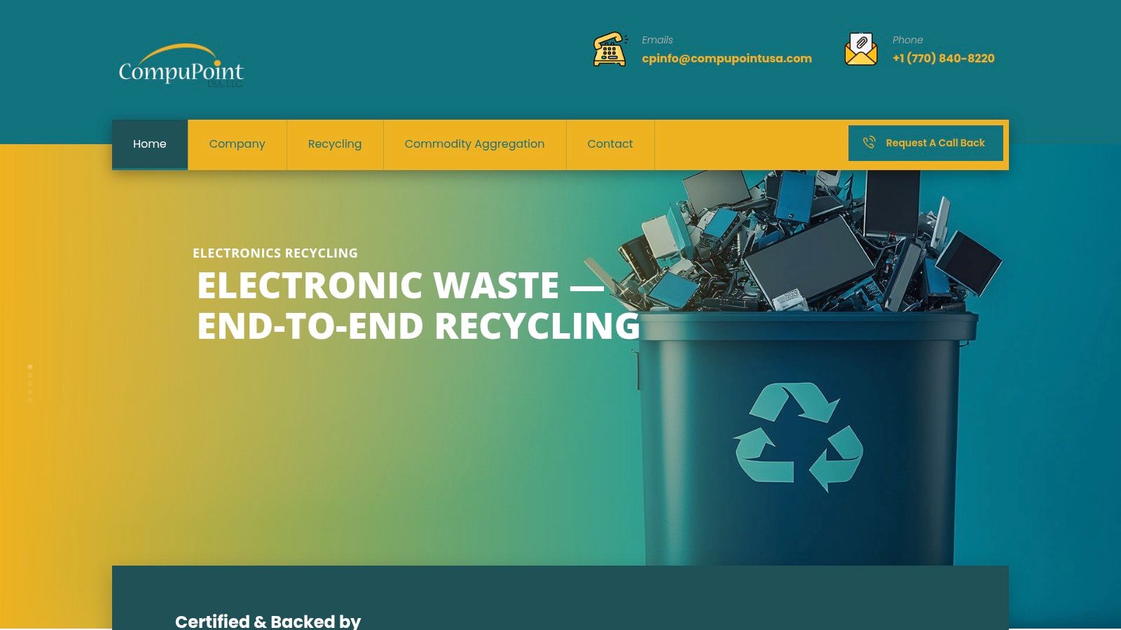 CompuPoint USA homepage showing their commitment to certified recycling.