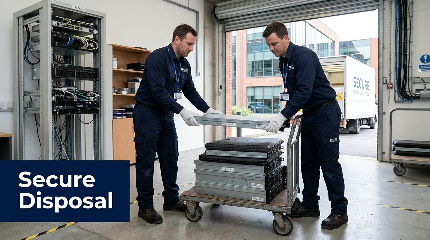 Two technicians from Secure Disposal handle server racks for electronics recycling, loading a cart.