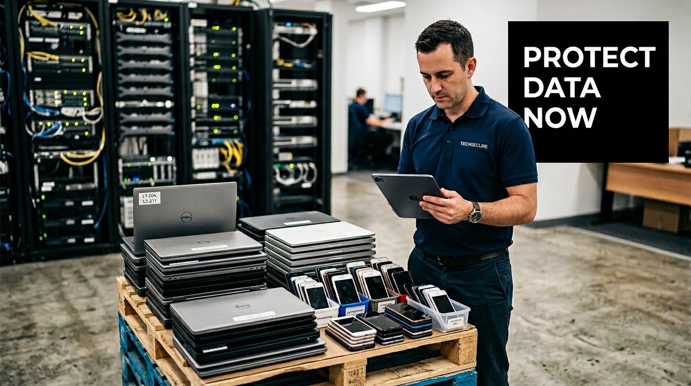 A technician works with a tablet in a server room filled with electronic devices for recycling.