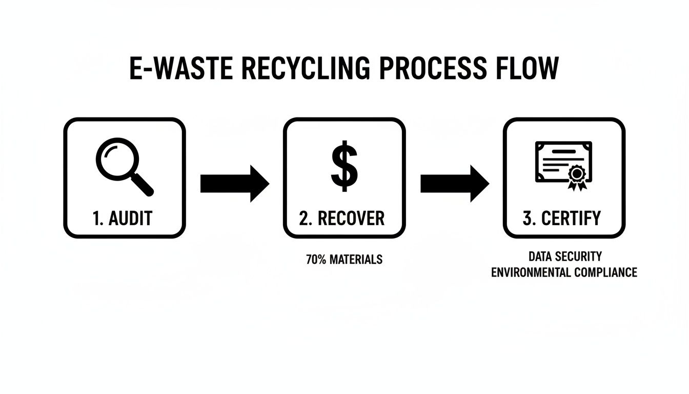 A diagram illustrates the E-Waste Recycling Process Flow: Audit, Recover materials, and Certify compliance.