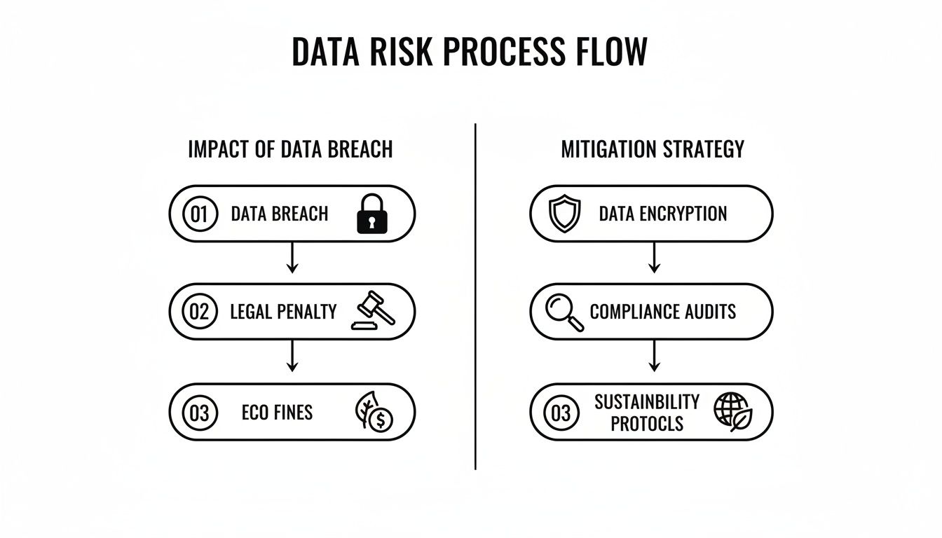 Flowchart illustrating data risk process, detailing impacts like legal penalties and mitigation through encryption and audits.