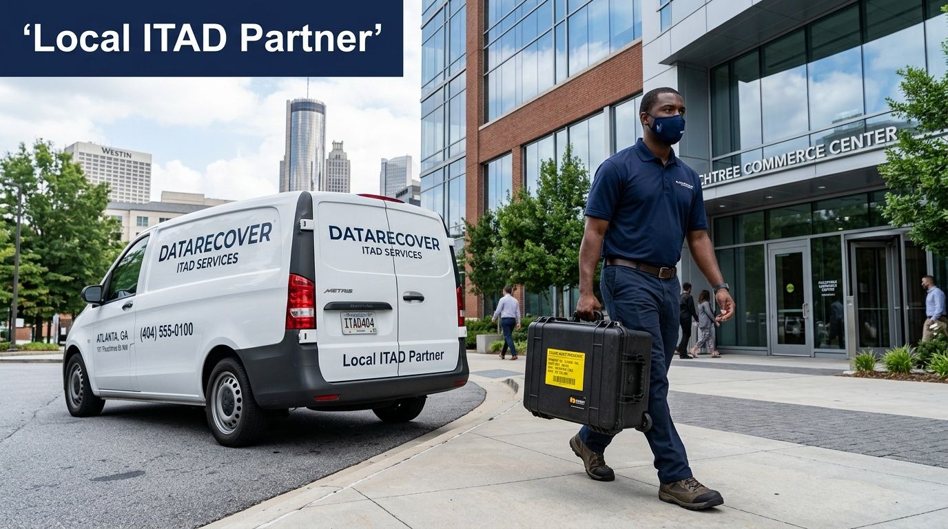 Datarecover ITAD technician with equipment case walks past a branded van in downtown Atlanta.