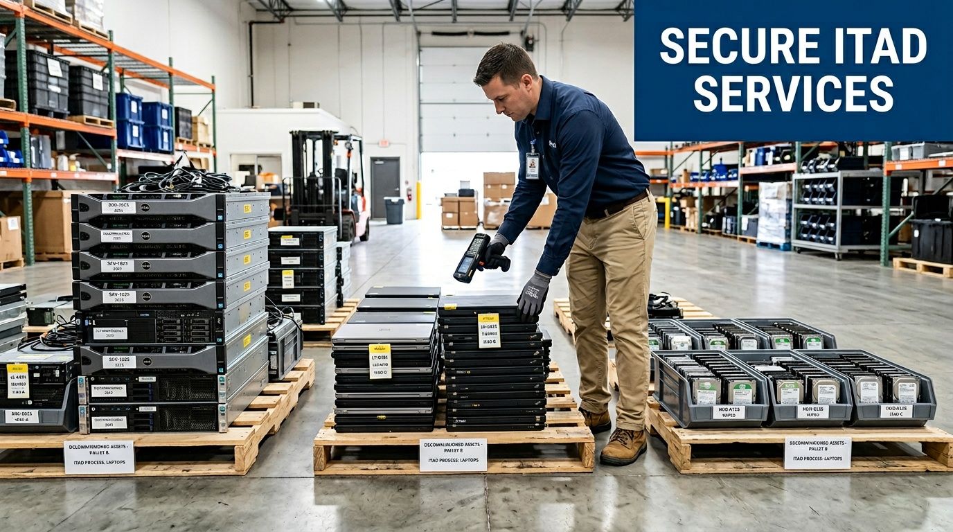 A technician scans stacks of electronic equipment in a warehouse for secure ITAD services.