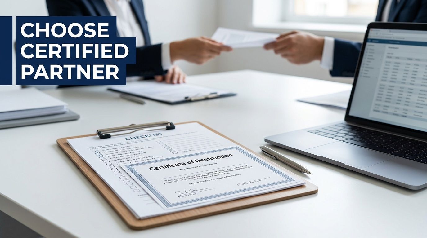 Professionals exchanging documents on a desk with a 'Certificate of Destruction' and 'CHOOSE CERTIFIED PARTNER' overlay.